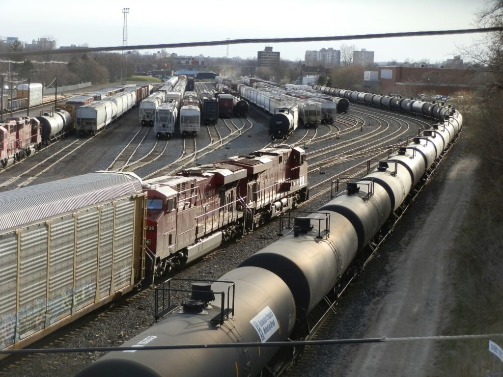 train yard with several trains